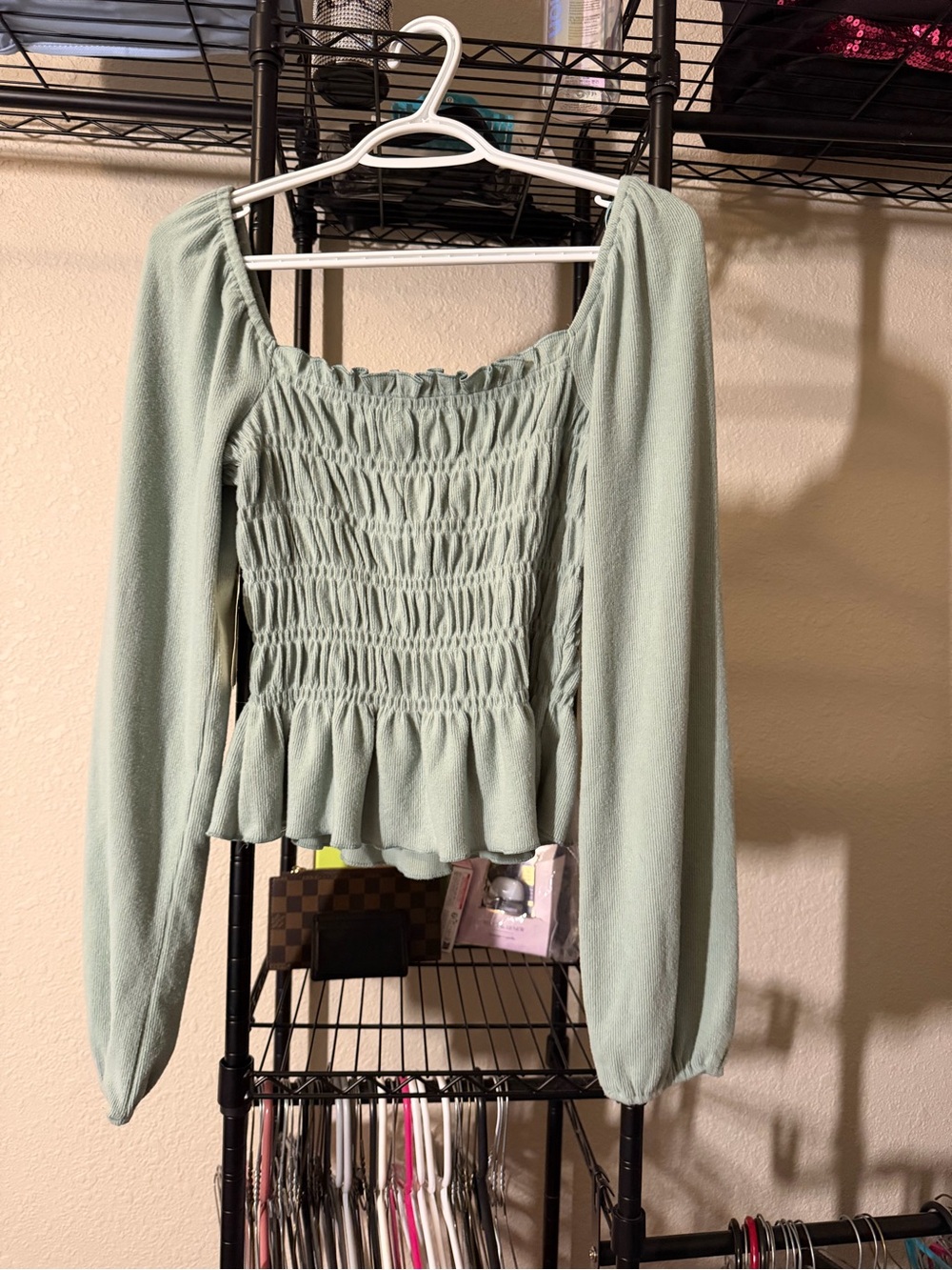 Altar'd State Sage Green Smocked Long Sleeve Peplum Top